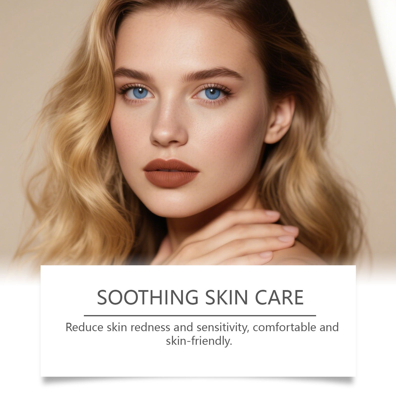 A blonde woman with blue eyes and matte brown lipstick wears a natural-finish foundation against a beige background.