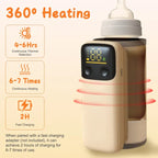 Beige portable bottle warmer with digital display, heating indicators, and baby bottle, highlighting 360-degree heating.