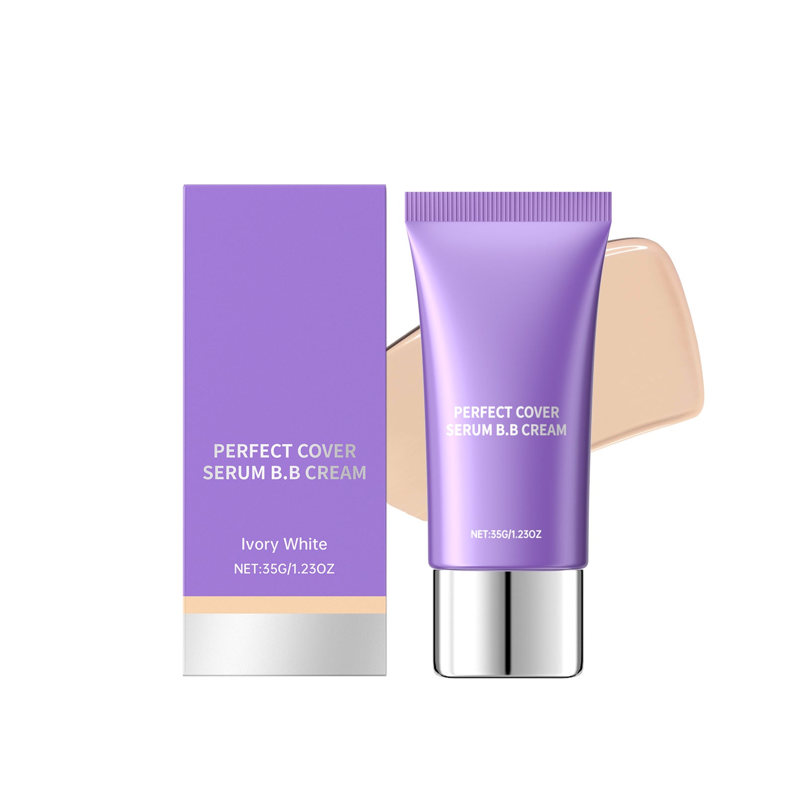Purple box and squeeze tube of Perfect Cover Serum B.B. Cream in Ivory White with a swatch of beige foundation.