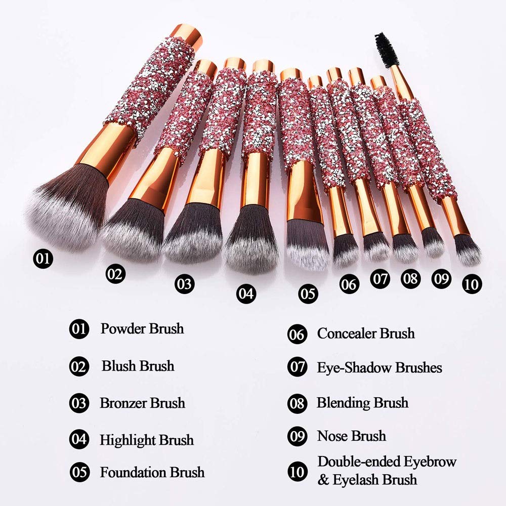 10-piece makeup brush set with rose gold ferrules and handmade handles encrusted with sparkling pink diamond crystals.