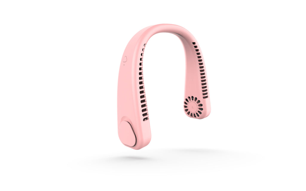 Pink, U-shaped portable neck fan with air vents and a power button on a smooth plastic frame against a white background.