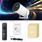 White HY300 Pro portable projector with remote, manual, power cord, and box against a blue and gold light background.