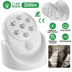White, rotatable 7-LED wireless spotlight with motion sensor, 300lm brightness, and automatic 30s shut-off.