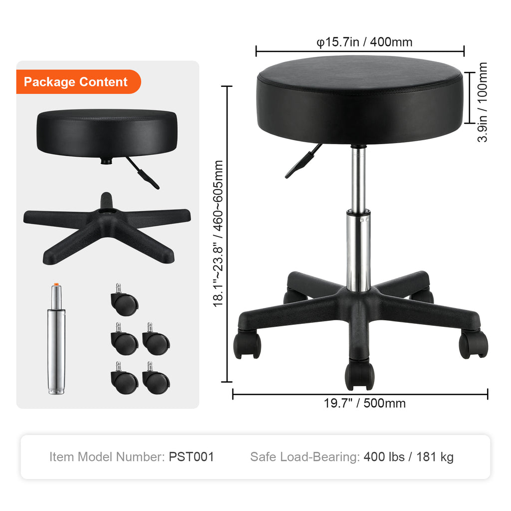Black rolling stool with thick seat, chrome lift, and 5-wheel base. Shows dimensions and included parts.