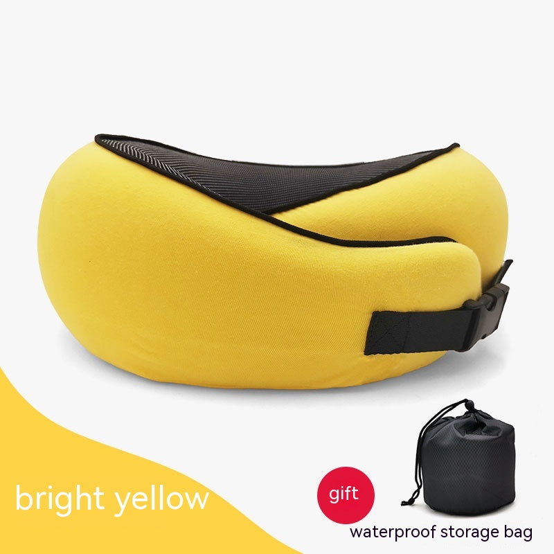 Bright yellow cervical neck pillow with black mesh center, adjustable buckle strap, and a bonus waterproof storage bag.