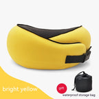 Bright yellow cervical neck pillow with black mesh center, adjustable buckle strap, and a bonus waterproof storage bag.