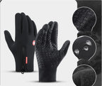 Black waterproof winter gloves with zippered cuffs, touch-screen fingers, anti-slip palm texture, and fleece lining.