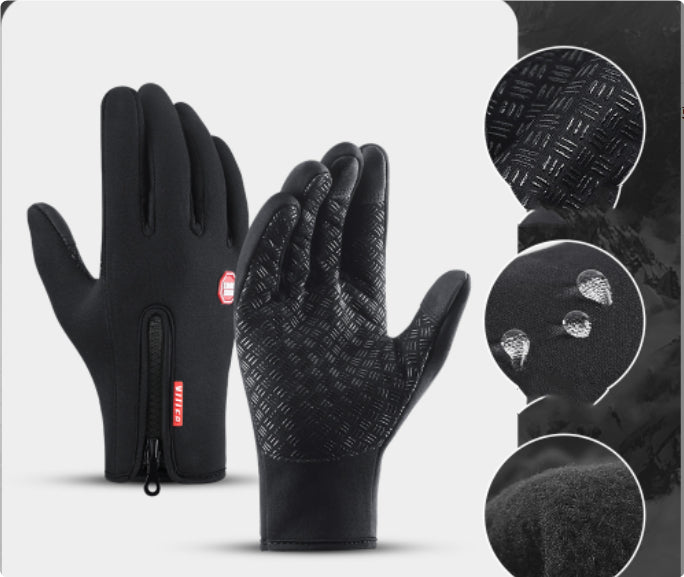 Black waterproof winter gloves with zippered cuffs, touch-screen fingers, anti-slip palm texture, and fleece lining.