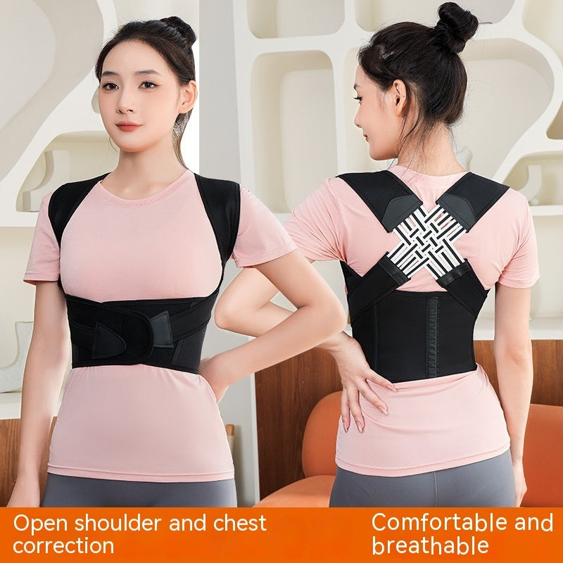 A person wears a black, breathable posture corrector brace over a pink shirt, showing front and back views.