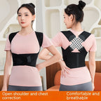 A person wears a black, breathable posture corrector brace over a pink shirt, showing front and back views.