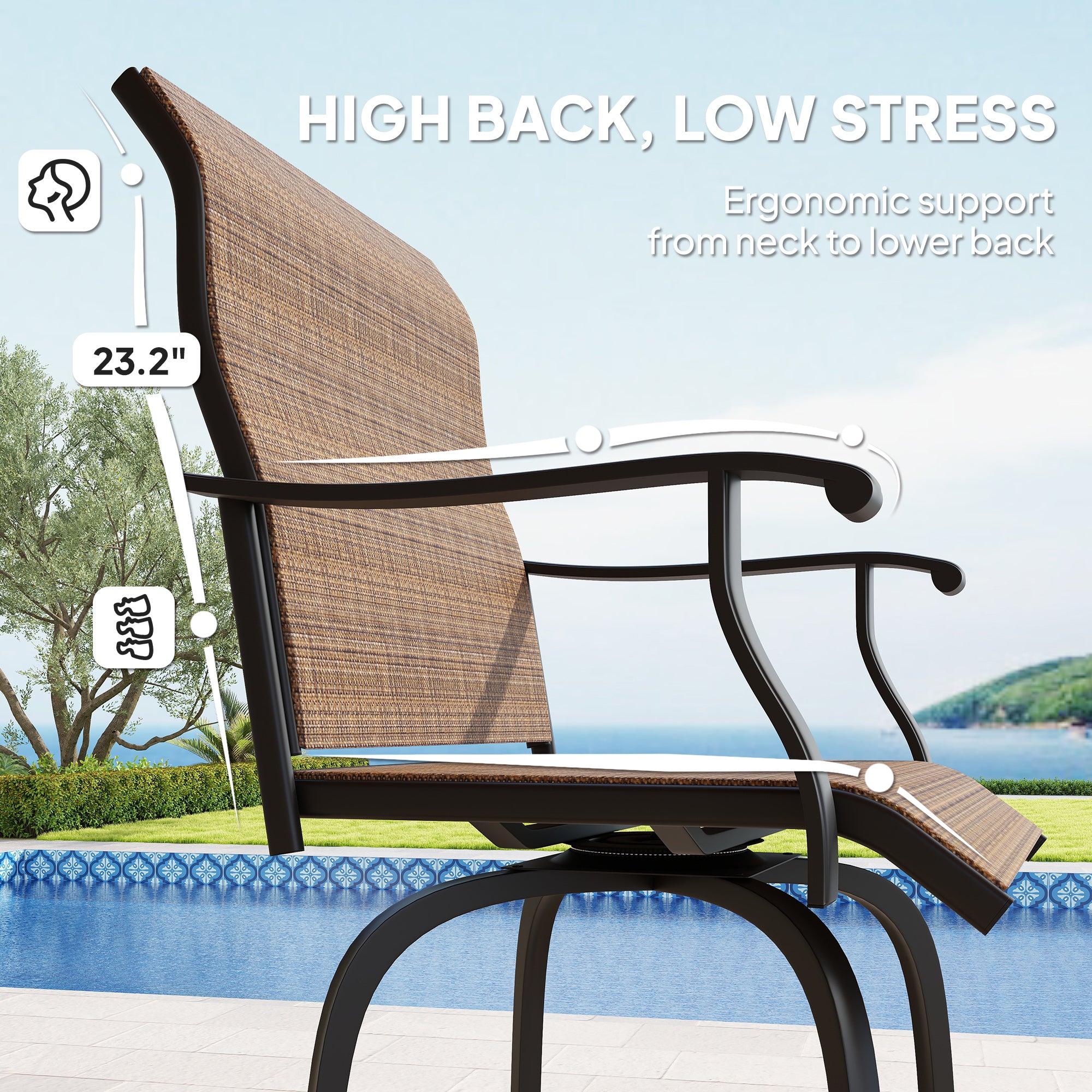 Outdoor swivel bar stool with a brown mesh back and seat, black metal frame, and armrests by a pool.