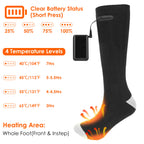 Black electric heated sock with external battery, showing 4 heat settings and battery status graphics on white background.