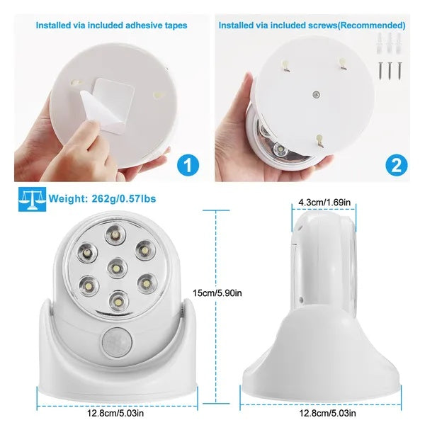 White wireless motion-sensor LED spotlight. Includes installation diagrams, dimensions, and adhesive or screw options.