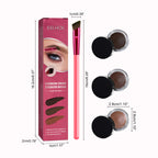 EELHOE eyebrow kit with pink brush, three brown cream pots, and dimensions on a pink product box.