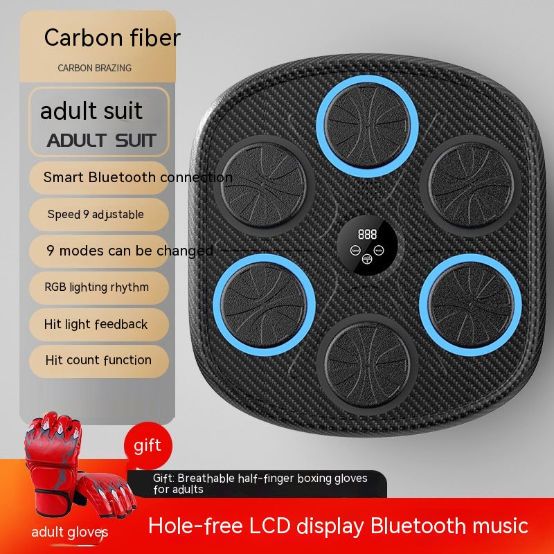 Black carbon fiber wall-mounted boxing target with circular LED pads, LCD display, Bluetooth, and free training gloves.