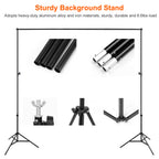 Black heavy-duty aluminum backdrop stand kit with adjustable poles, tripod bases, and locking knobs for photo studios.