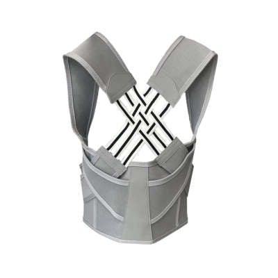 Grey posture corrector with wide shoulder straps, a structured waist belt, and an interlocking black-and-white back.