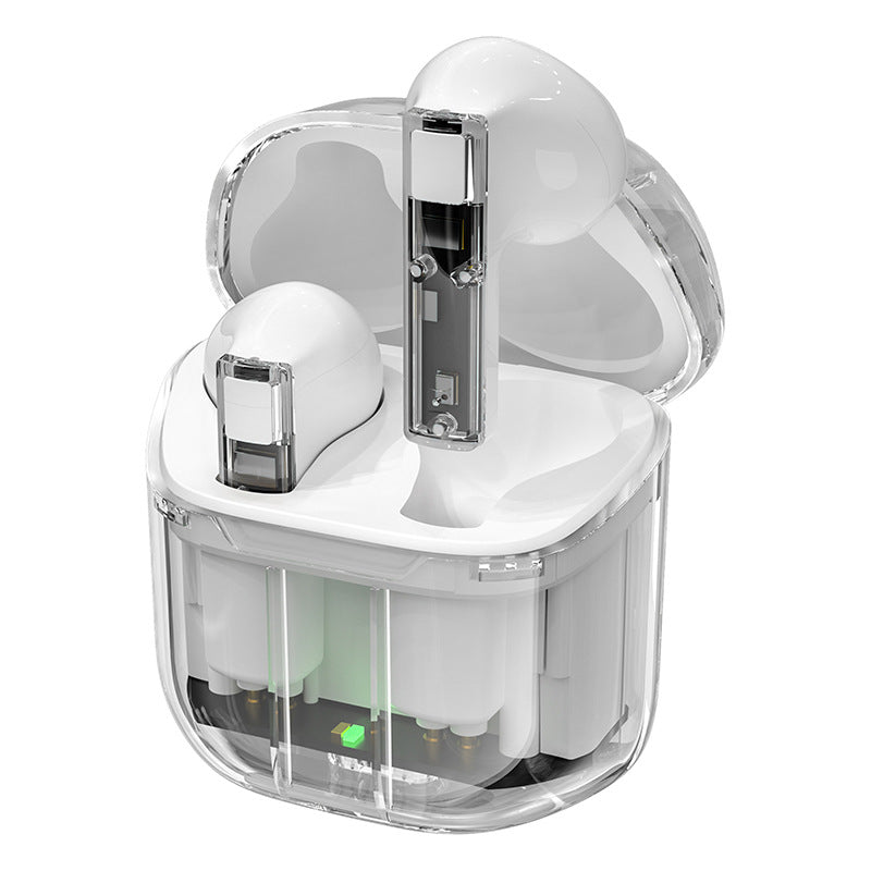 White TWS wireless earbuds in a transparent charging case with a visible internal circuit design.