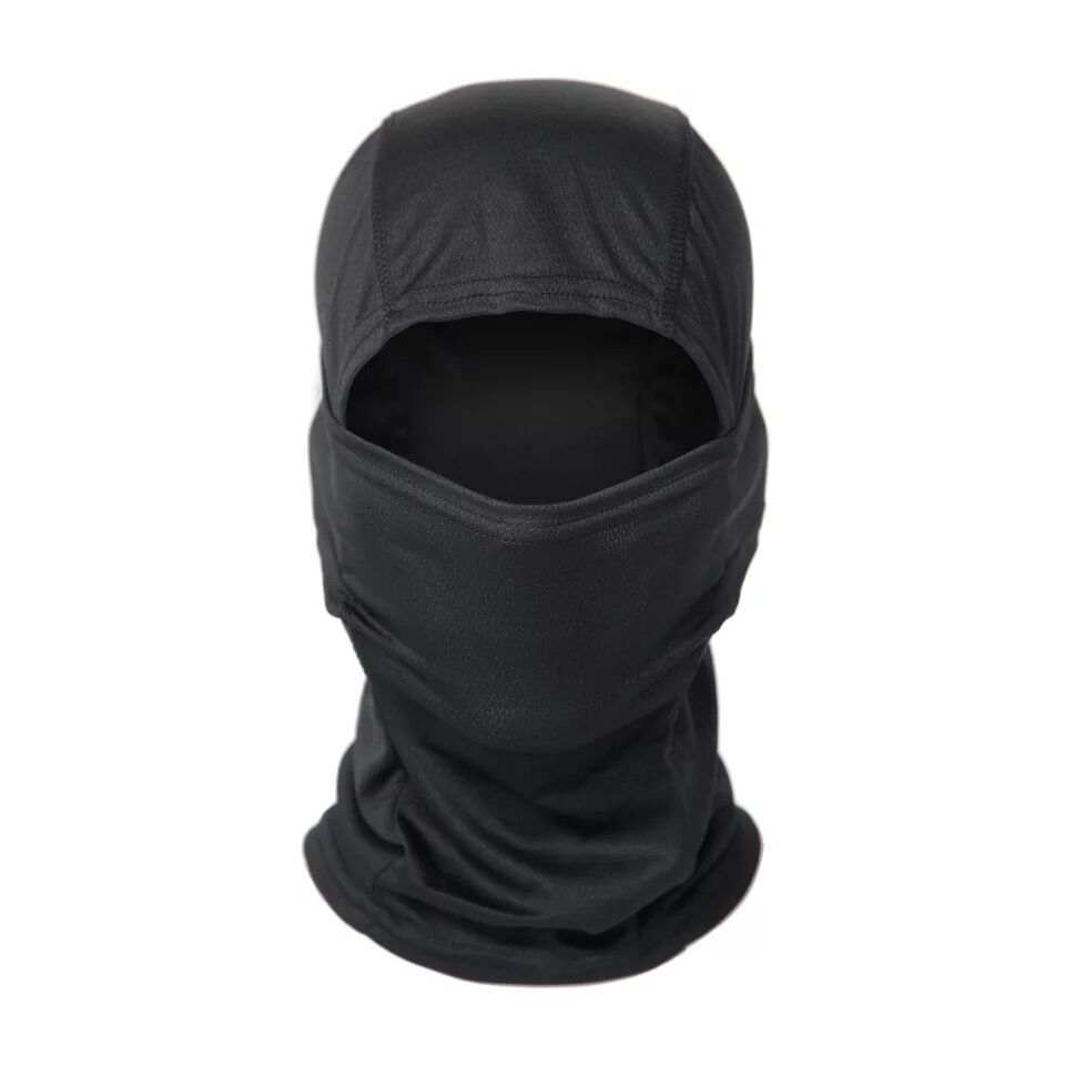 Black full-face balaclava mask made of thin, smooth tactical fabric with a large eye opening on a white background.