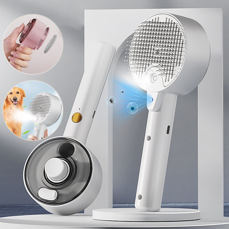 White steam pet grooming brush with metal bristles, gold button, and water tank. Includes insets showing usage on dog.