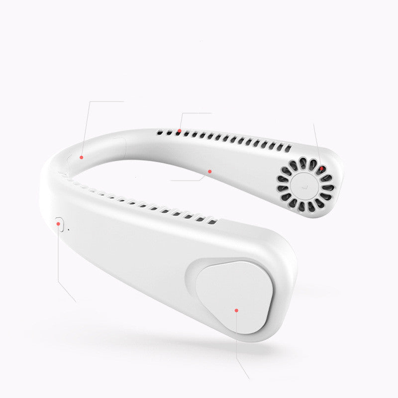 White, wearable, hands-free neck fan with side air vents, charging port, and control buttons. Minimalist, smooth finish.