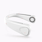 White, wearable, hands-free neck fan with side air vents, charging port, and control buttons. Minimalist, smooth finish.