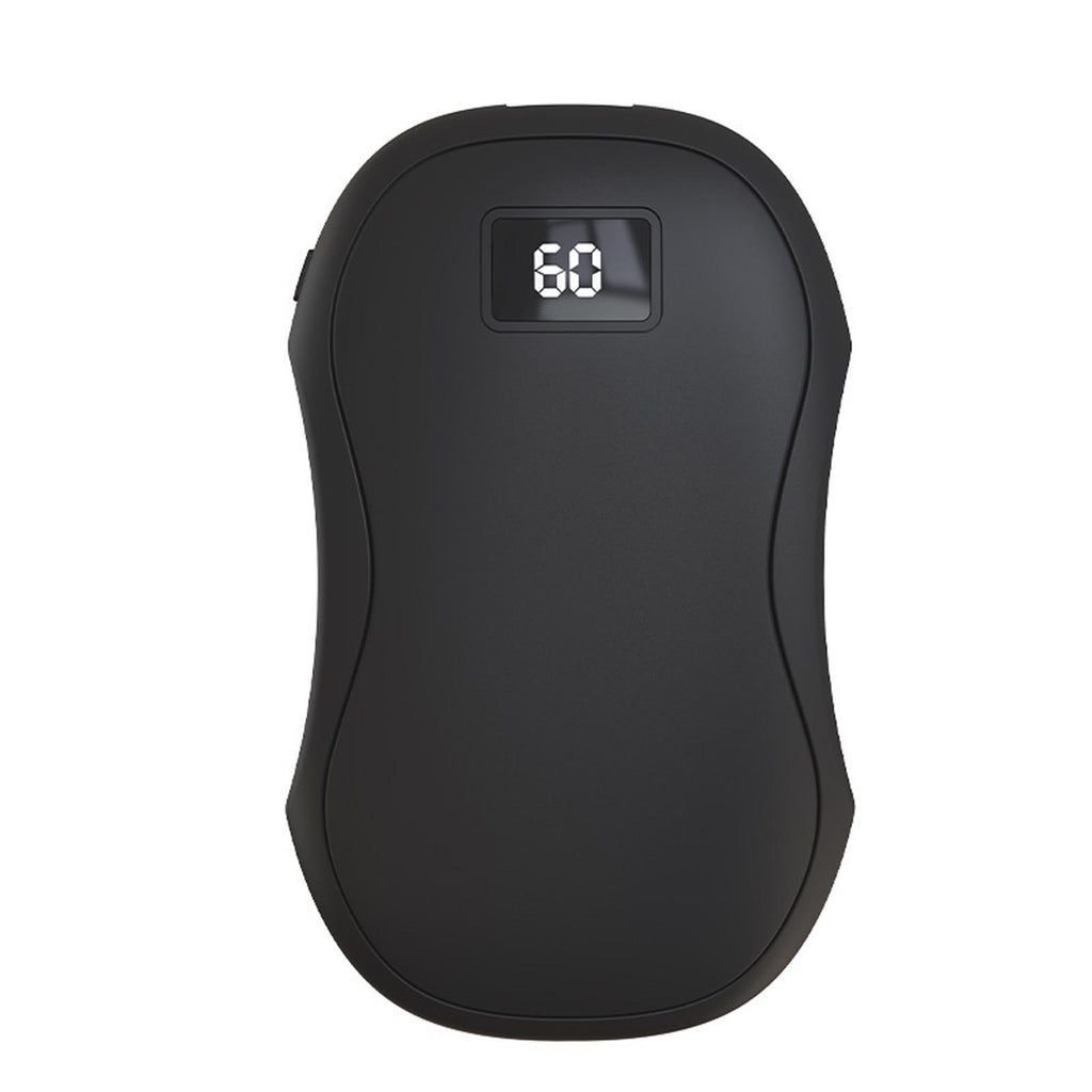 Black, contoured USB rechargeable electric hand warmer with a digital display showing "60".