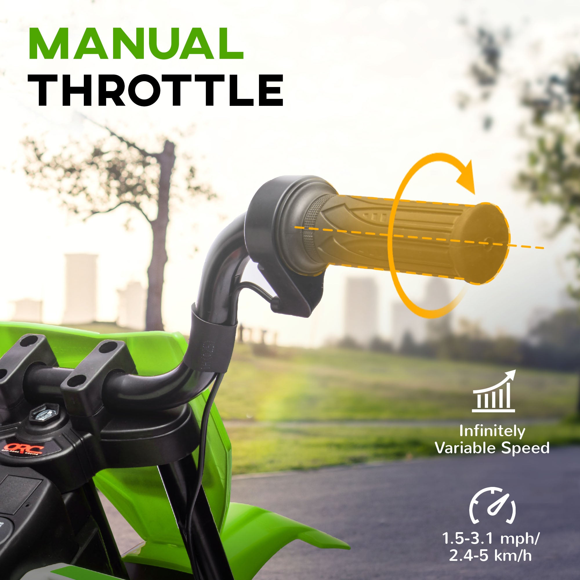 Close-up of a green kids' motorcycle handlebar with a rotating manual twist-grip throttle and speed indicators.