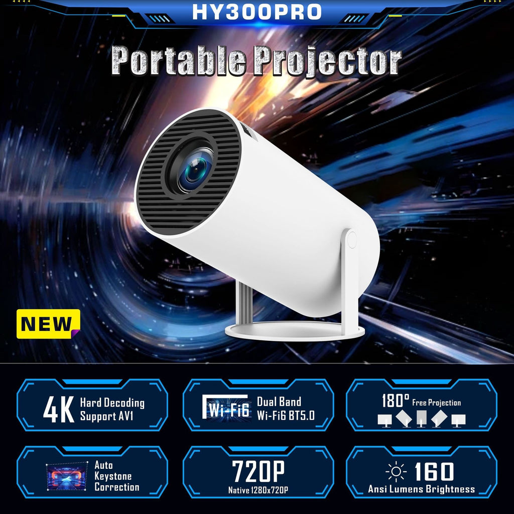 White HY300 Pro portable projector with a black lens grill on a circular stand, featuring 4K, Wi-Fi 6, and 720P specs.