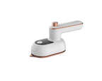 White and rose gold portable mini travel iron with a sleek handle, black button, and metallic soleplate.