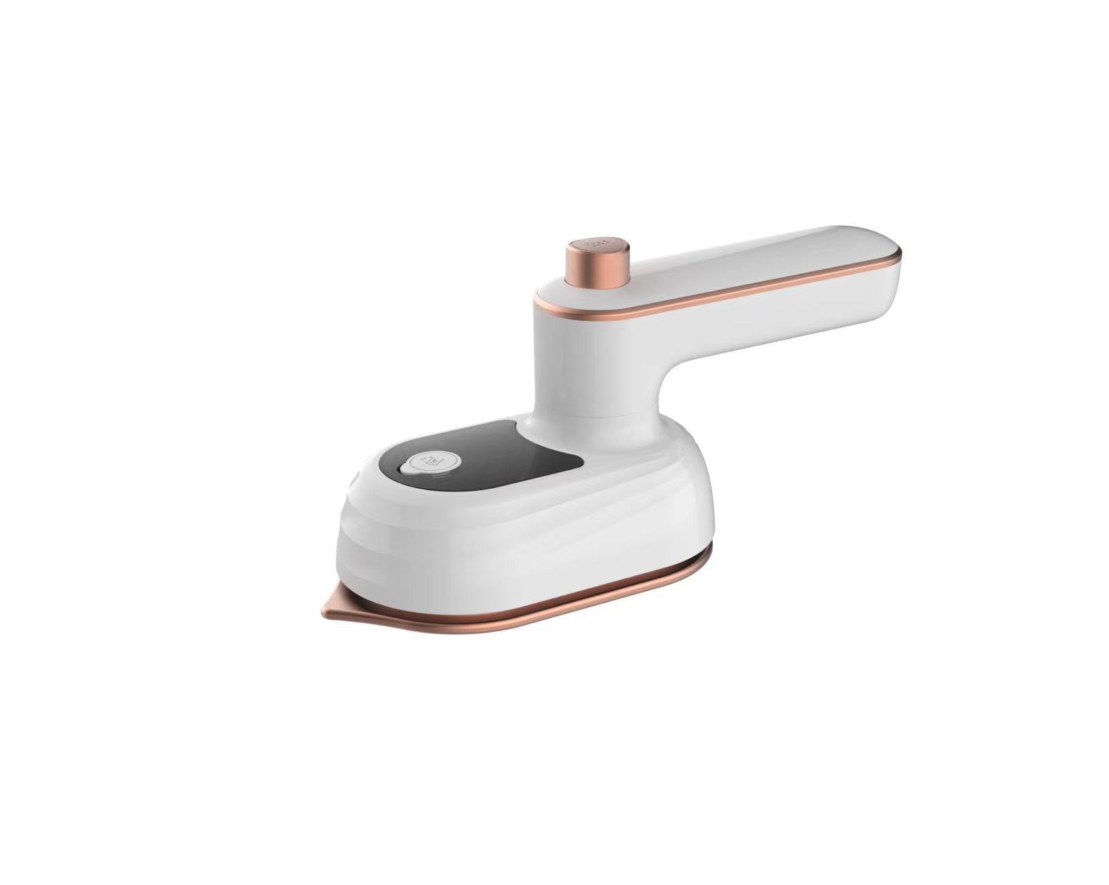 White and rose gold portable mini travel iron with a sleek handle, black button, and metallic soleplate.