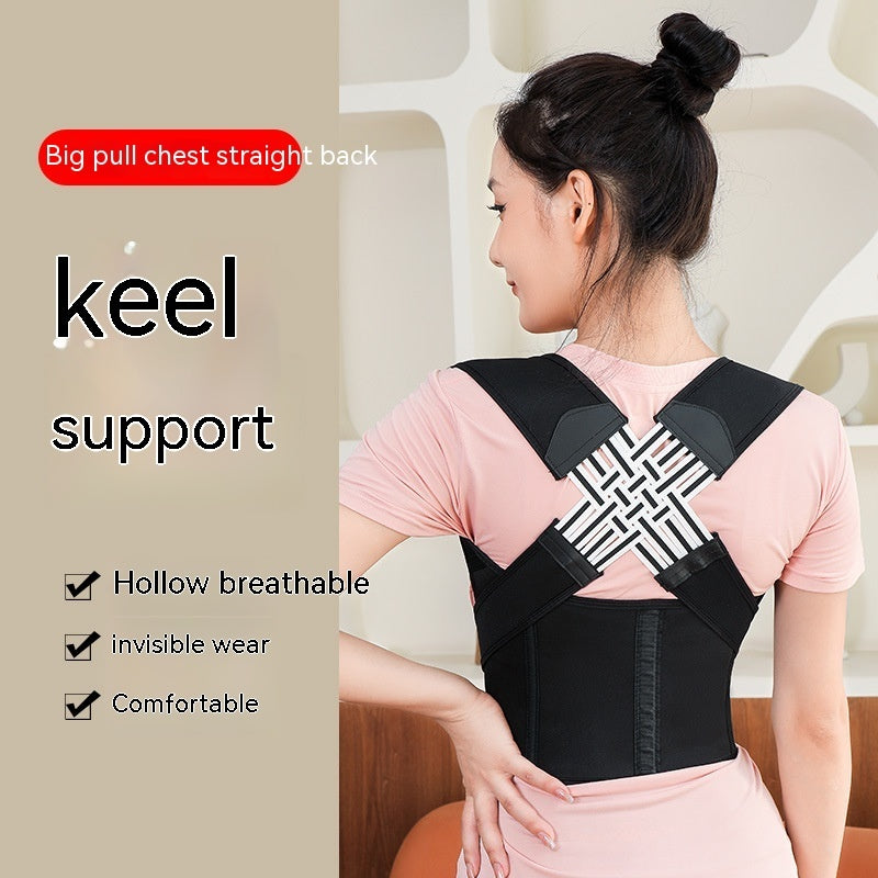 A woman wears a black, breathable, crisscross-strap posture corrector brace over a light pink t-shirt.