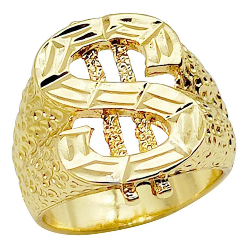 Gold-tone hip hop dollar sign ring featuring a textured band and a polished, faceted dollar symbol design.