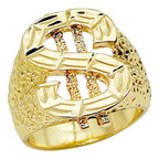 Gold-tone hip hop dollar sign ring featuring a textured band and a polished, faceted dollar symbol design.