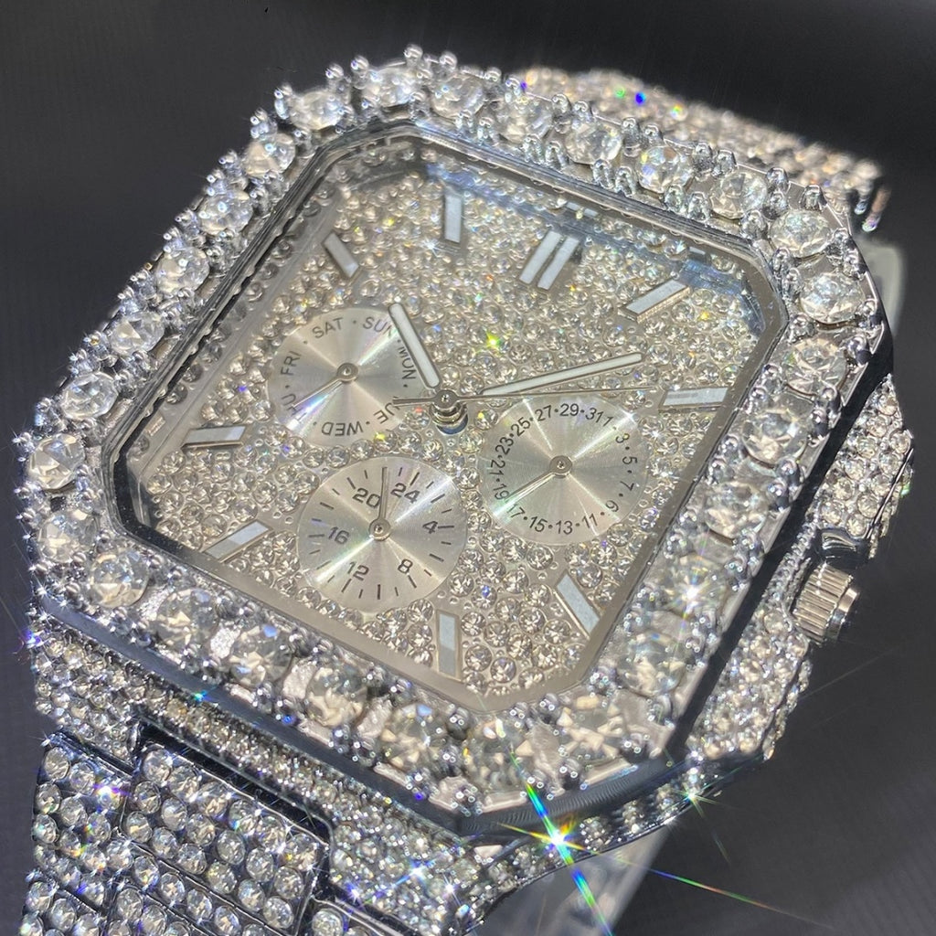 Square silver men's watch, fully iced-out with white crystals, featuring a multi-functional dial and link bracelet.