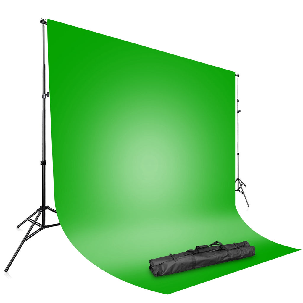 Adjustable metal photography backdrop stand with a 6.5x10ft vibrant green screen and black carrying bag.