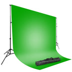 Adjustable metal photography backdrop stand with a 6.5x10ft vibrant green screen and black carrying bag.
