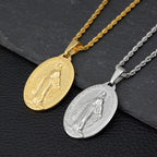 Gold and silver-tone titanium steel necklaces featuring oval Miraculous Medal pendants on rope chains.