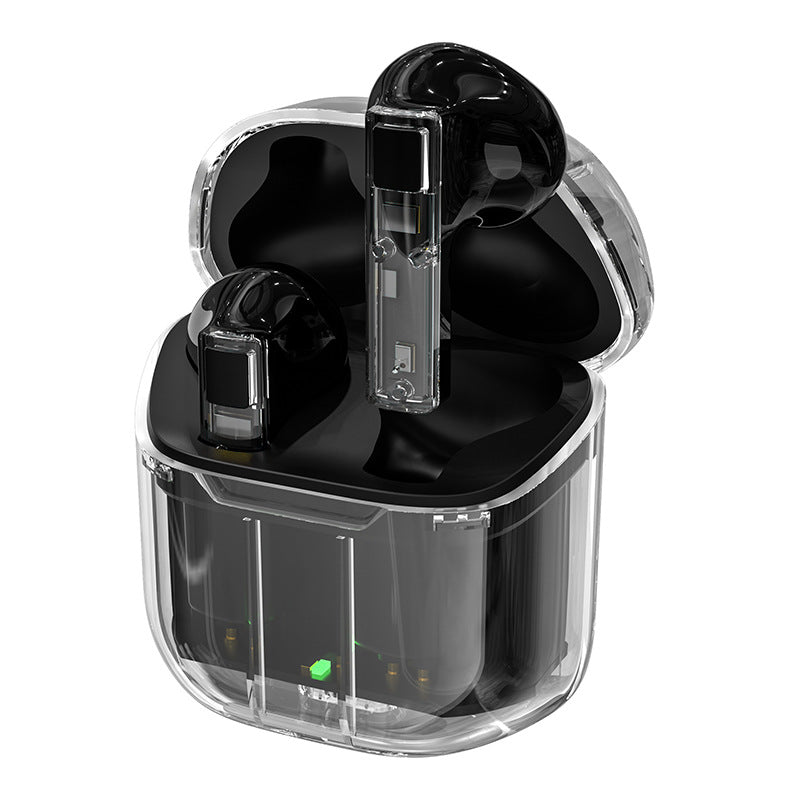 Black glossy TWS wireless headphones in a transparent charging case with visible internal circuitry.