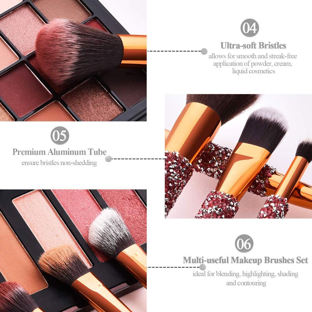 Luxury diamond-inlaid makeup brush set with ultra-soft bristles and gold aluminum handles for professional application.