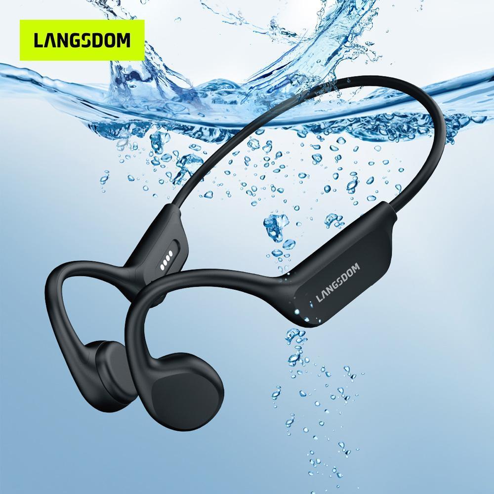 Black bone conduction wireless headphones by Langsdom shown underwater, emphasizing waterproof design.