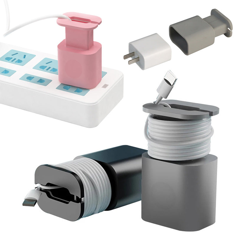 Silicone protective cases for Apple 18W/20W chargers in pink, gray, and black, featuring built-in cable organizers.