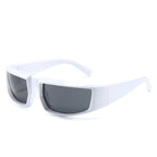 Wrap-around sports sunglasses with a glossy white plastic frame and dark grey tinted lenses on a white background.