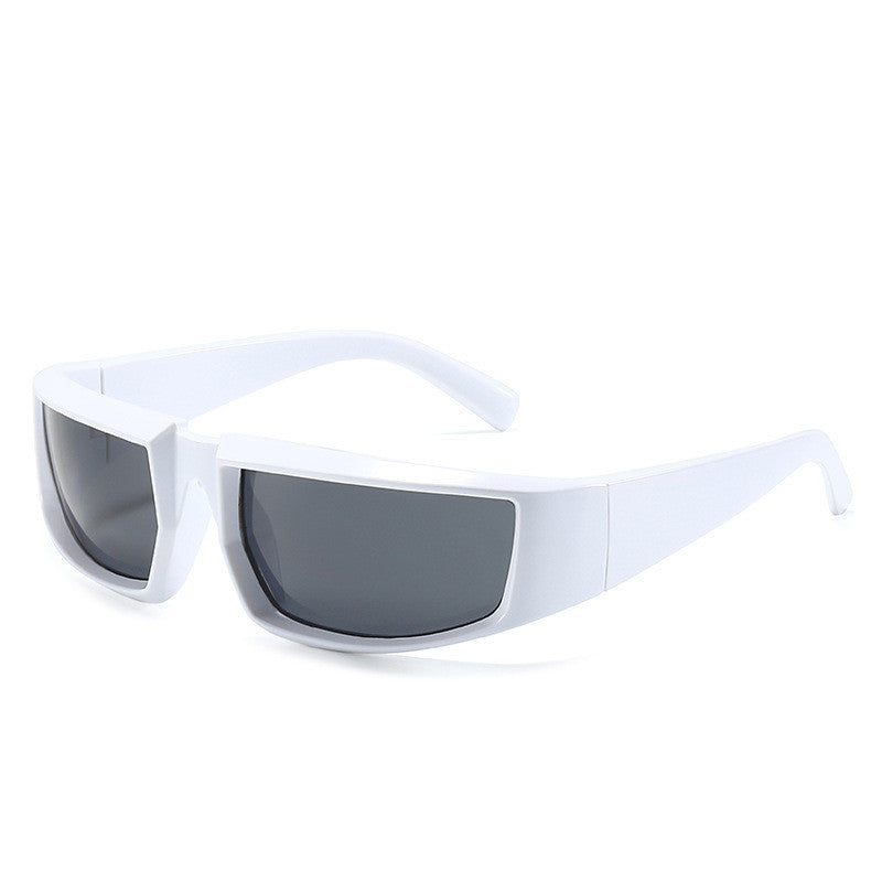 Wrap-around sports sunglasses with a glossy white plastic frame and dark grey tinted lenses on a white background.
