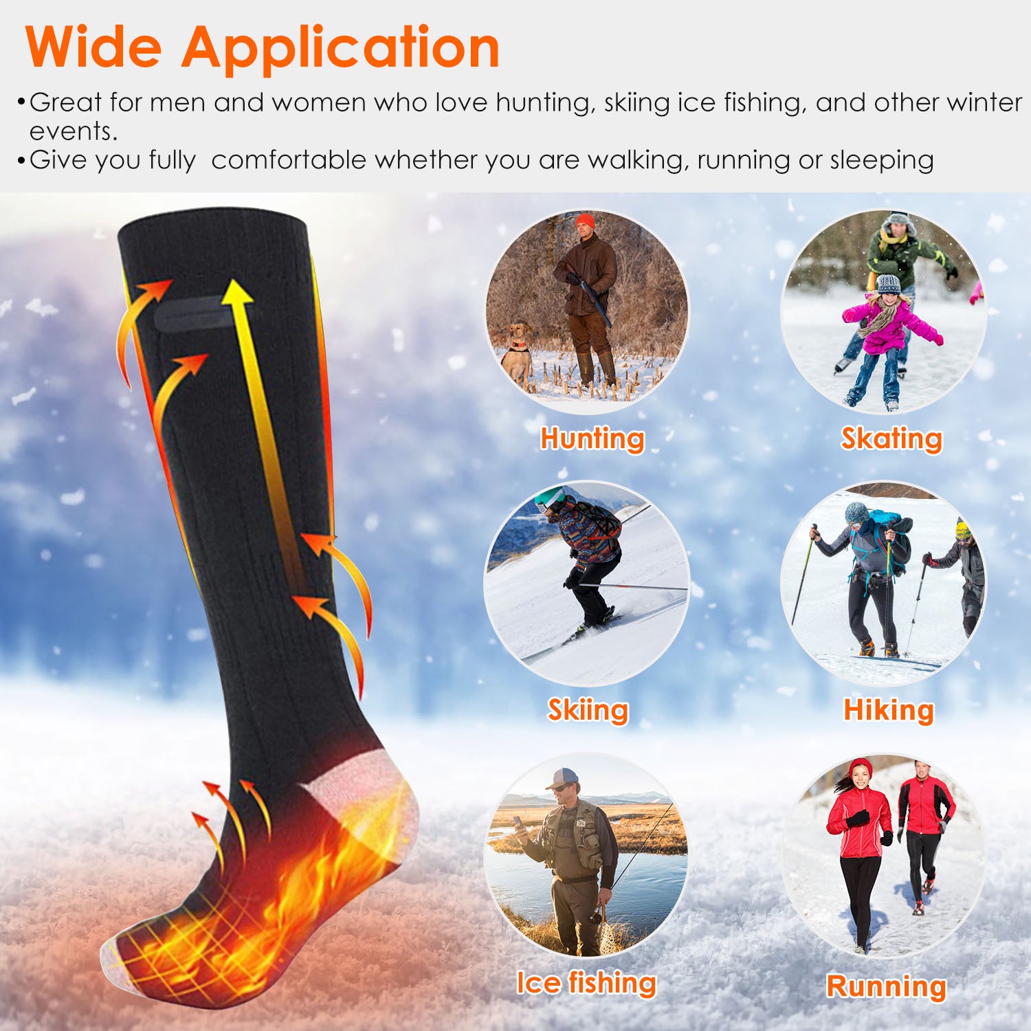 Black electric heated socks with heat-indicating graphics and circular insets showing winter activities like skiing.