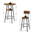 Industrial round bar table with shelf and a matching stool, featuring rustic brown wood tops and black metal frames.