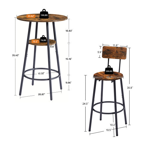 Industrial round bar table with shelf and a matching stool, featuring rustic brown wood tops and black metal frames.