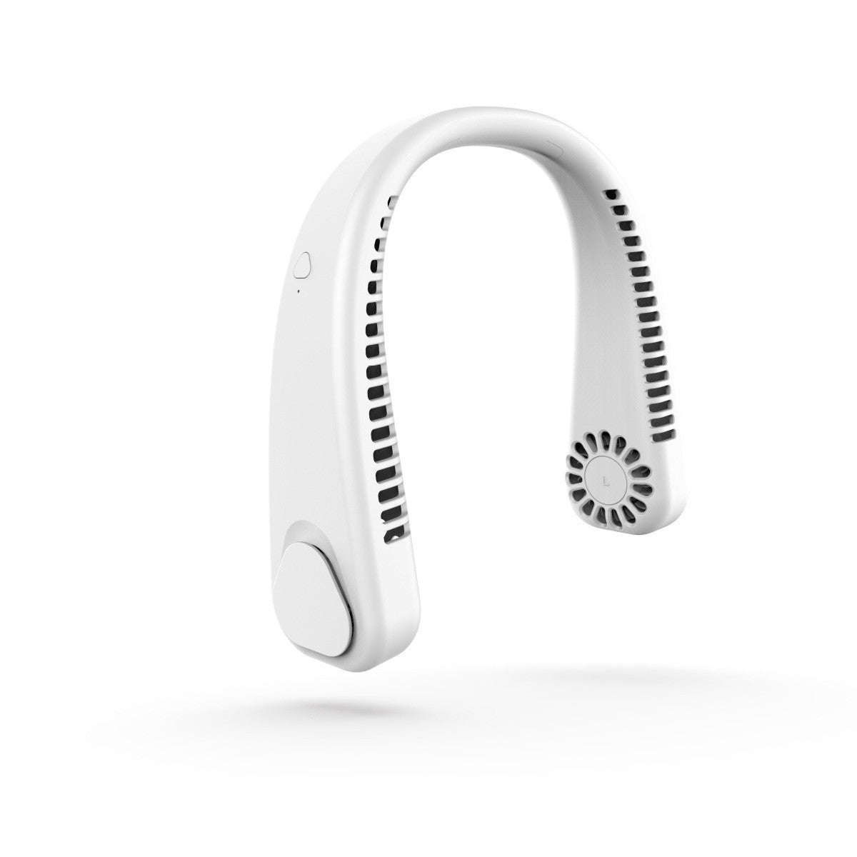 White, U-shaped portable neck fan with side air vents, circular fan grilles, and a sleek, modern plastic design.