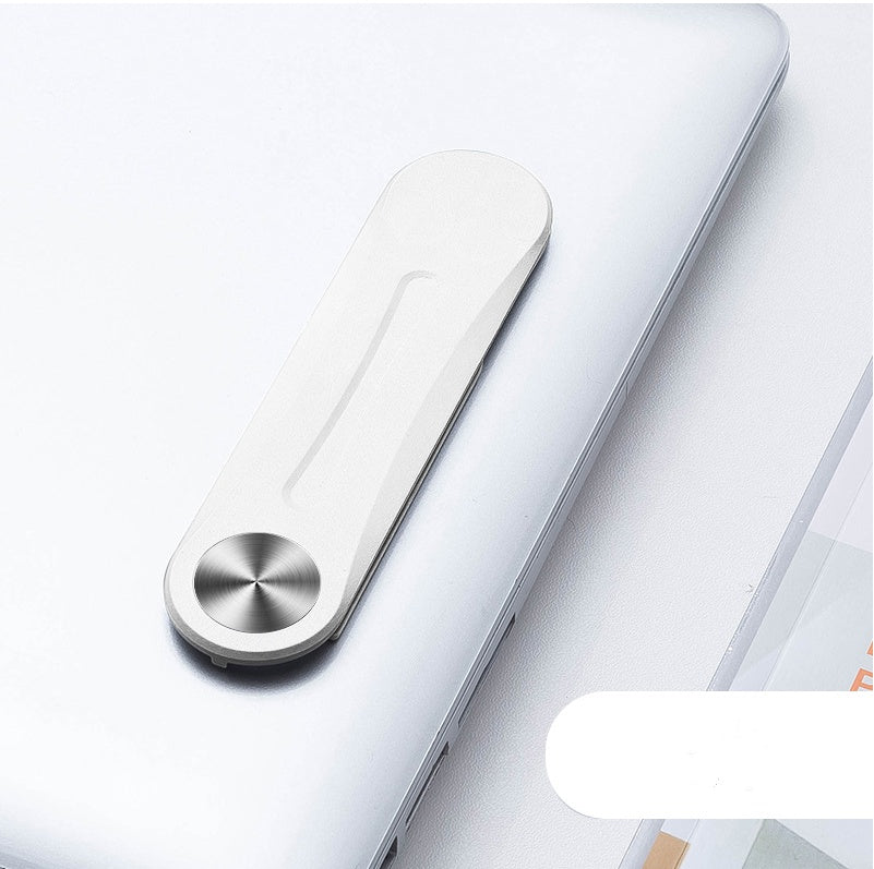 A silver aluminum alloy side-mount bracket attached to a white laptop, featuring a sleek, rotating circular hinge design.