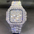 Men's square-shaped, hip-hop style silver watch fully encrusted with sparkling clear crystals and three sub-dials.